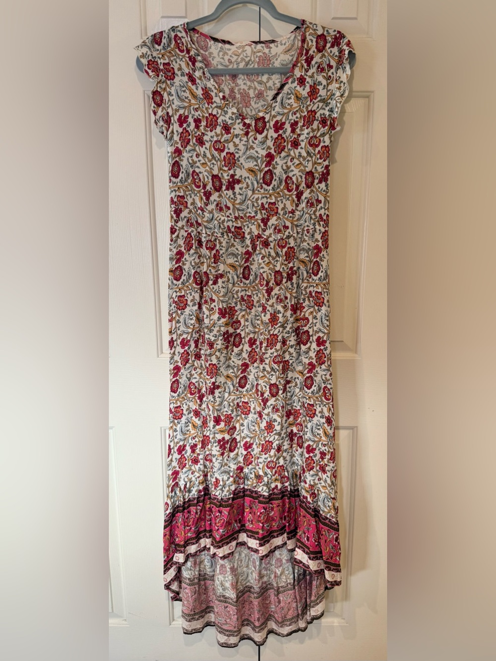 Floral Print Maxi High Low Dressin White with Pink and Red Flowers